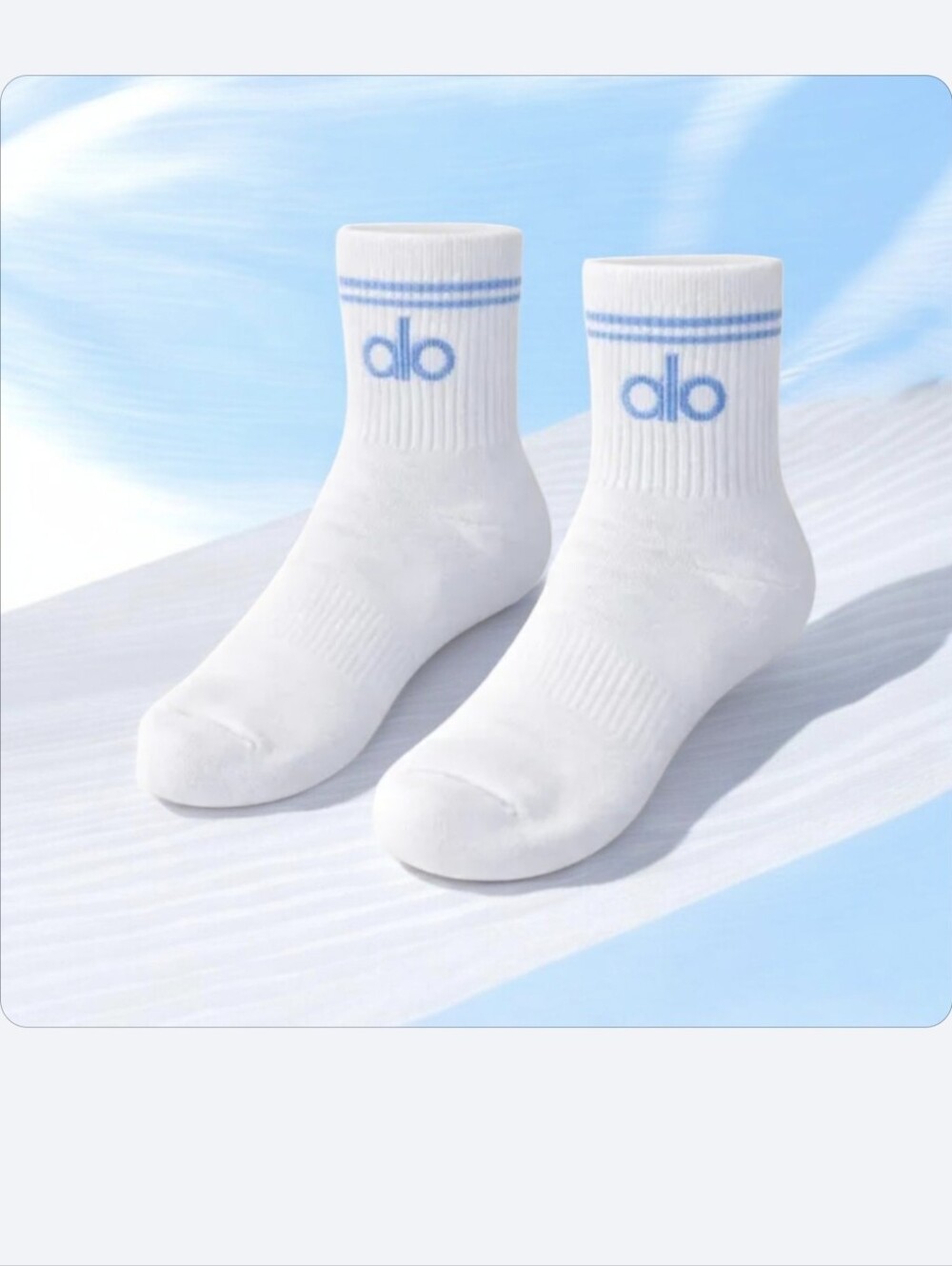 Alo White Crew Athletic Socks with Light Blue Logo